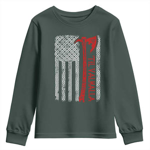 Viking Til Valhalla Youth Sweatshirt Norse Mythology Axe Celtic Knot USA Flag TS11 Dark Forest Green Print Your Wear