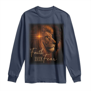 Faith Over Fear Long Sleeve Shirt Lion Of Judah Jesus Christian Religious TS11 Navy Print Your Wear