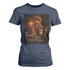Faith Over Fear T Shirt For Women Lion Of Judah Jesus Christian Religious TS11 Navy Print Your Wear