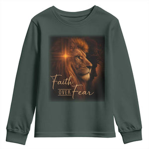 Faith Over Fear Youth Sweatshirt Lion Of Judah Jesus Christian Religious TS11 Dark Forest Green Print Your Wear