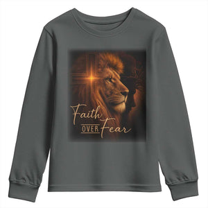 Faith Over Fear Youth Sweatshirt Lion Of Judah Jesus Christian Religious TS11 Dark Heather Print Your Wear
