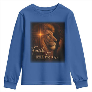 Faith Over Fear Youth Sweatshirt Lion Of Judah Jesus Christian Religious TS11 Royal Blue Print Your Wear