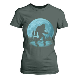 Funny Bigfoot Fishing Night Stroll Full Moon T Shirt For Women TS11 Dark Forest Green Print Your Wear