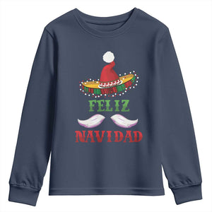 Funny Christmas In Mexico Youth Sweatshirt Feliz Navidad Sombrero Santa Hat TS11 Navy Print Your Wear