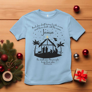 Christian Christmas T Shirt And She Shall Bring Forth A Son And Thou Shalt Call His Name Jesus TS11 Light Blue Print Your Wear