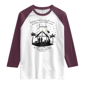 Christian Christmas Raglan Shirt And She Shall Bring Forth A Son And Thou Shalt Call His Name Jesus TS11 White Maroon Print Your Wear