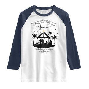 Christian Christmas Raglan Shirt And She Shall Bring Forth A Son And Thou Shalt Call His Name Jesus TS11 White Navy Print Your Wear