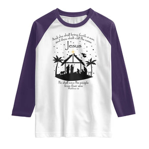 Christian Christmas Raglan Shirt And She Shall Bring Forth A Son And Thou Shalt Call His Name Jesus TS11 White Purple Print Your Wear