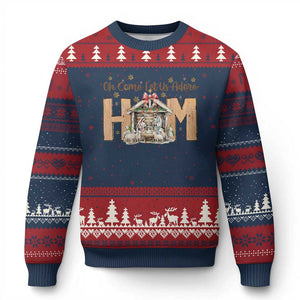 Oh Come Let Us Adore Him Ugly Christmas Sweater Christian Xmas Nativity Scene TS11 Navy Red Print Your Wear