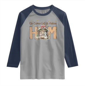 Oh Come Let Us Adore Him Raglan Shirt Christian Christmas Nativity Scene TS11 Sport Gray Navy Print Your Wear