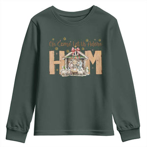Oh Come Let Us Adore Him Youth Sweatshirt Christian Christmas Nativity Scene TS11 Dark Forest Green Print Your Wear