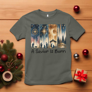 Christian Christmas T Shirt A Savior Is Born Jesus Nativity Scene TS11 Military Green Print Your Wear
