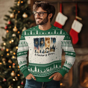 Christian Xmas Ugly Christmas Sweater A Savior Is Born Jesus Nativity Scene TS11 Beige Green Print Your Wear