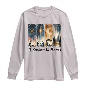 Christian Christmas Long Sleeve Shirt A Savior Is Born Jesus Nativity Scene TS11 Ice Gray Print Your Wear
