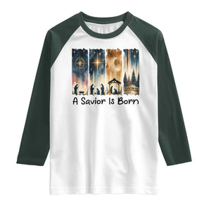 Christian Christmas Raglan Shirt A Savior Is Born Jesus Nativity Scene TS11 White Dark Forest Green Print Your Wear