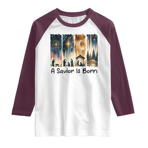 Christian Christmas Raglan Shirt A Savior Is Born Jesus Nativity Scene TS11 White Maroon Print Your Wear