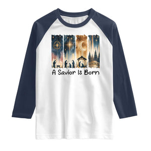 Christian Christmas Raglan Shirt A Savior Is Born Jesus Nativity Scene TS11 White Navy Print Your Wear