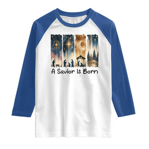 Christian Christmas Raglan Shirt A Savior Is Born Jesus Nativity Scene TS11 White Royal Print Your Wear