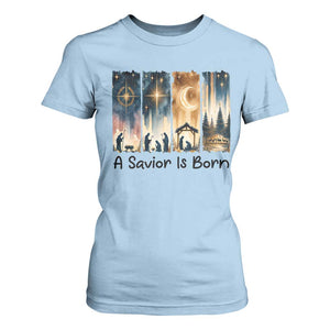 Christian Christmas T Shirt For Women A Savior Is Born Jesus Nativity Scene TS11 Light Blue Print Your Wear