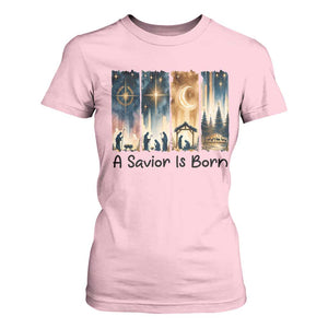 Christian Christmas T Shirt For Women A Savior Is Born Jesus Nativity Scene TS11 Light Pink Print Your Wear