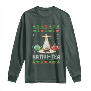 Funny Christmas Tea Lover Long Sleeve Shirt Nativi Tea Nativity Scene Christian Xmas TS11 Dark Forest Green Print Your Wear