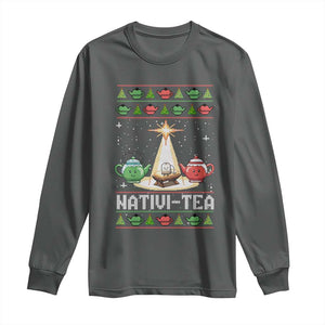 Funny Christmas Tea Lover Long Sleeve Shirt Nativi Tea Nativity Scene Christian Xmas TS11 Dark Heather Print Your Wear