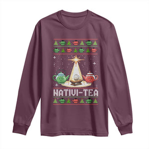 Funny Christmas Tea Lover Long Sleeve Shirt Nativi Tea Nativity Scene Christian Xmas TS11 Maroon Print Your Wear