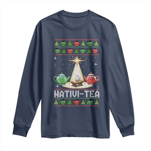 Funny Christmas Tea Lover Long Sleeve Shirt Nativi Tea Nativity Scene Christian Xmas TS11 Navy Print Your Wear