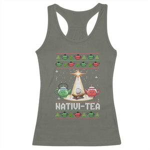 Funny Christmas Tea Lover Racerback Tank Top Nativi Tea Nativity Scene Christian Xmas TS11 Military Green Print Your Wear
