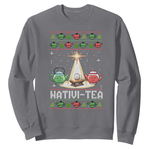 Funny Christmas Tea Lover Sweatshirt Nativi Tea Nativity Scene Christian Xmas TS11 Charcoal Print Your Wear