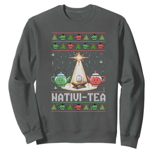 Funny Christmas Tea Lover Sweatshirt Nativi Tea Nativity Scene Christian Xmas TS11 Dark Heather Print Your Wear