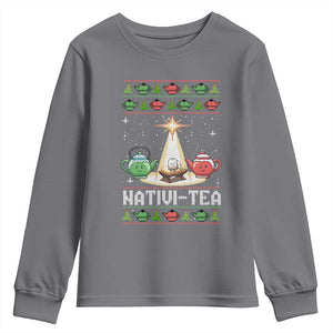 Funny Christmas Tea Lover Youth Sweatshirt Nativi Tea Nativity Scene Christian Xmas TS11 Charcoal Print Your Wear