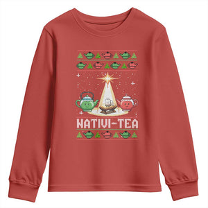Funny Christmas Tea Lover Youth Sweatshirt Nativi Tea Nativity Scene Christian Xmas TS11 Red Print Your Wear