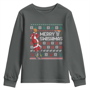 Funny Black Santa Christmas Basketball Youth Sweatshirt Merry Swishmass Xmas Sport TS11 Dark Heather Print Your Wear