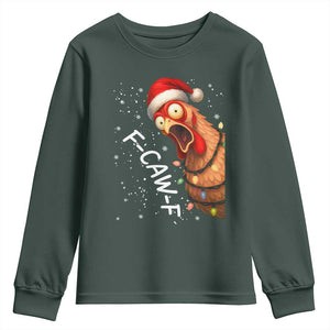 Funny F Caw F Chicken Christmas Youth Sweatshirt Xmas Rooster Meme Santa Hat TS11 Dark Forest Green Print Your Wear