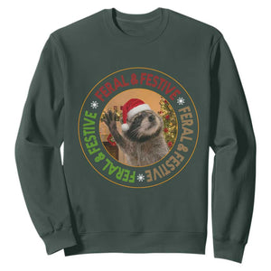 Funny Christmas Pedro The Racoon Sweatshirt Feral And Festive Xmas Santa Trash Panda TS11 Dark Forest Green Print Your Wear