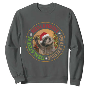 Funny Christmas Pedro The Racoon Sweatshirt Feral And Festive Xmas Santa Trash Panda TS11 Dark Heather Print Your Wear