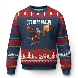 Funny Black Santa Christmas Basketball Ugly Christmas Sweater Out Here Ballin Xmas Santa Sport TS11 Navy Red Print Your Wear