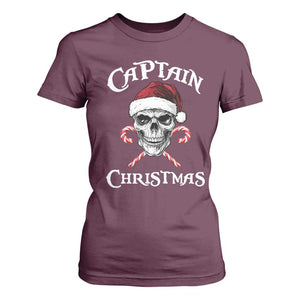 Funny Xmas Pirate Santa T Shirt For Women Captain Christmas Skull Candy Canes TS11 Maroon Print Your Wear