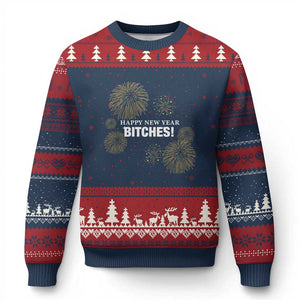 Funny Happy New Year Bitches Ugly Christmas Sweater NYE Party Fireworks TS11 Navy Red Print Your Wear