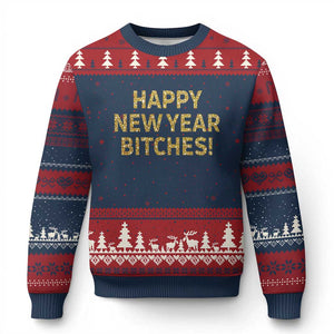 Funny Happy New Year Bitches Ugly Christmas Sweater NYE Party Faux Glitter Effect Printed TS11 Navy Red Print Your Wear
