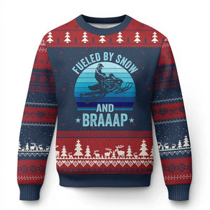 Funny Snowmobile Ugly Christmas Sweater Fueled By Snow And Braaap Winter Sports TS11 Navy Red Print Your Wear