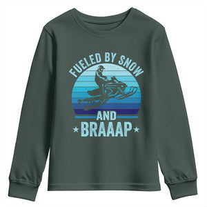 Funny Snowmobile Youth Sweatshirt Fueled By Snow And Braaap Winter Sports TS11 Dark Forest Green Print Your Wear