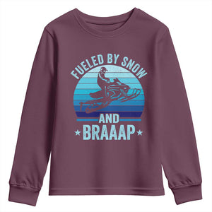 Funny Snowmobile Youth Sweatshirt Fueled By Snow And Braaap Winter Sports TS11 Maroon Print Your Wear