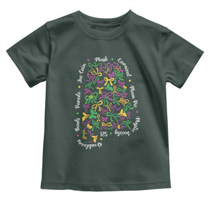 Funny Mardi Gras Alabama Map Coquette Bow Toddler T Shirt Moon Pie Carnival Joe Cain Beads TS11 Dark Forest Green Print Your Wear