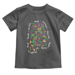 Funny Mardi Gras Alabama Map Coquette Bow Toddler T Shirt Moon Pie Carnival Joe Cain Beads TS11 Dark Heather Print Your Wear