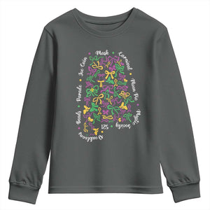 Funny Mardi Gras Alabama Map Coquette Bow Youth Sweatshirt Moon Pie Carnival Joe Cain Beads TS11 Dark Heather Print Your Wear