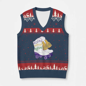 Funny Mardi Gras V-Neck Knit Sweater Vest Rollin' With My Krewe Marching Boots Carnival Party TS11 Navy Red Print Your Wear