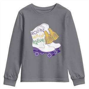 Funny Mardi Gras Youth Sweatshirt Rollin' With My Krewe Marching Boots Carnival Party TS11 Charcoal Print Your Wear