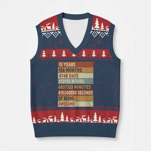 Funny 13th Birthday V-Neck Knit Sweater Vest 13 Years 156 Months 4748 Days Vintage Retro TS11 Navy Red Print Your Wear
